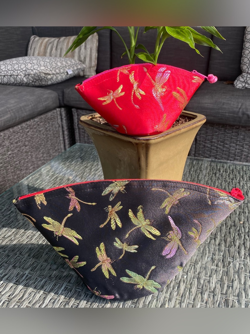 SHANGHAI TANG — 2 Silk Dragonfly Zip Cosmetics bags- Red and Black, silk NWOT ♥️